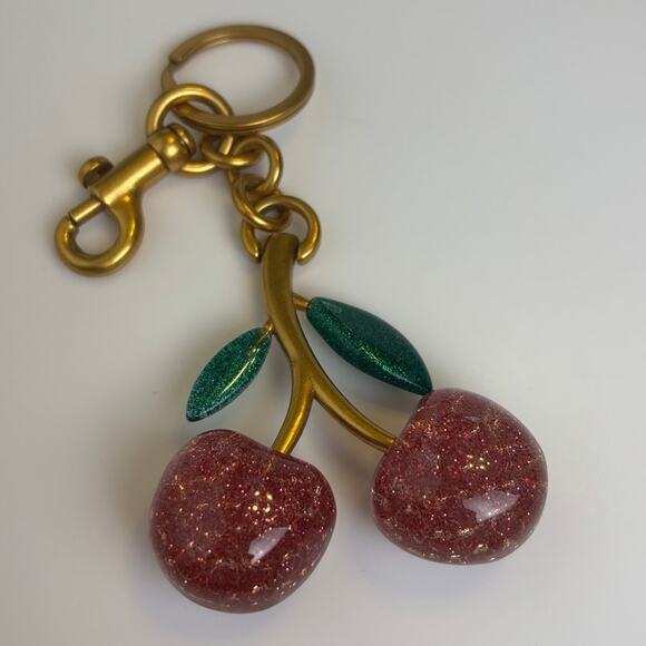 Cherry Charm Key Chain Pink Glitter Gold Resin Handbag Tote Backpack Charm - Picture 1 of 3